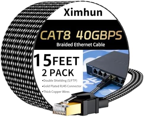 Cat 8 Ethernet Cable 15FT 2Pack, High-Speed Braided Internet Cable Network Cord with RJ45 Connector 40Gbps 2000Mhz Heavy Duty LAN Cable Shielded Indoor
