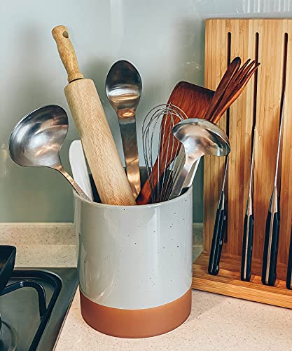 Mora Ceramic Kitchen Utensil Holder - Wooden Spoon & Spatula Crock For Countertop, Modern Farmhouse Home Decor, Extra Large 7.3" Cooking Organizer For Stove Top And Counter - Heavy & Sturdy - Grey #TOP6