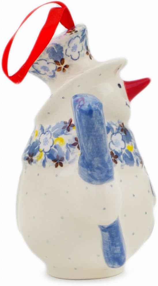 Polmedia Polish Pottery Snowman Ornament UNIKAT - Pansy Parade Pattern Handmade in Boleslawiec Poland by Ceramika Artystyczna + Certificate of Authenticity