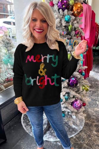 Image of LEMAFER Women 2026 Merry Christmas Round Neck Sequin Letters Sweater Casual Solid Slogan Long Sleeve Pullover Sweatshirt Tops