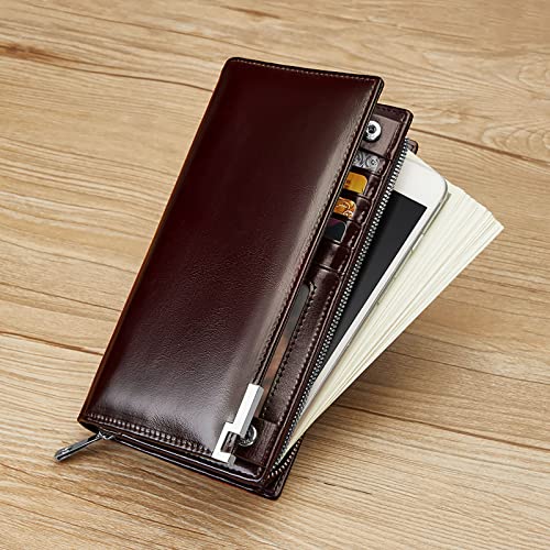 VANNANBA Long Wallet for Men with Zipper Leather Genuine Large Capacity Checkbook Clutch Purse for Travel Business Reddish brown/Black4