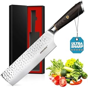 7 Inch Japanese Nakiri Cleaver Knife & Vegetable Cleaver – High Carbon Stainless Steel Kitchen Knife with Anti-Stick Hammered Blade, Ergonomic Handle & Copper Rivet for Meat, Vegetables