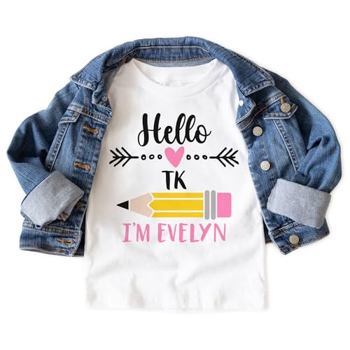 Hello TK Personalized Shirts For Girls - Custom Name Back To School Transitional Kindergarten Pencil Outfit - Cute Gift For First Day Of School Announcement - Natural Toddler & Youth T-Shirt3