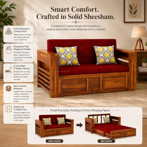 Image of Douceur Furnitures Solid Sheesham Wooden 2 Seater Sofa Cum Bed with Mattress & 2 Cushions and Side Pockets, Wood Foldable Convertible Sofa Diwan Cum Bed for Living Room and Bedroom,Teak Finish