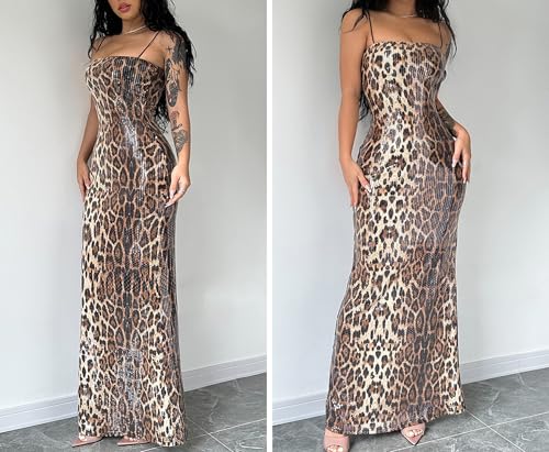Image of BOLLEY JOSS Women's Leopard Print Sequin Maxi Dress Glitter Sexy Bodycon Sleeveless Long Dress