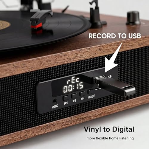 Image of Vintage Vinyl Record Player with Bluetooth & Built-in Speakers, 3-Speed Belt-Drive Turntable with USB Recording, RCA Out & AUX-in, Walnut