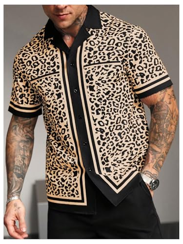 SHENHE Men's Button Down Short Sleeve Leopard Print Shirt Lapel Collar Casual Top2