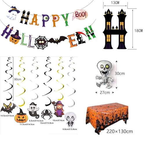 Halloween Deko Set – Komplettes Partydeko Set mit Banner, Tischdecke, Girlanden & Folienballons (Kürbis, Spinne, Katze) – Innen & Außen Halloween Party Dekoration für Kinder & Erwachsene