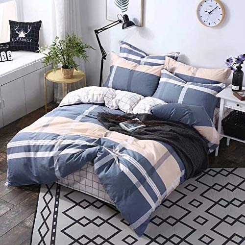 CocoQueenCocoQueen Grey and Beige Plaid Reversible 4pc Duvet Cover Set 100% Cotton Full/Queen Size for Man Boy