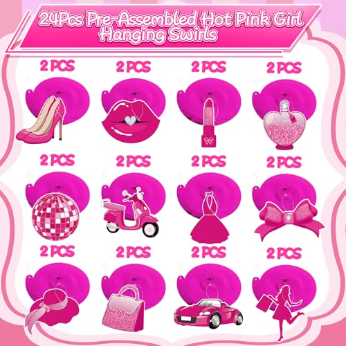 Image of 48Pcs Hot Pink Princess Hanging Swirl Decorations, Princess Party Ceiling Hanging Swirls Hot Pink Hanging Swirls Streamers for Party Decor Supplies