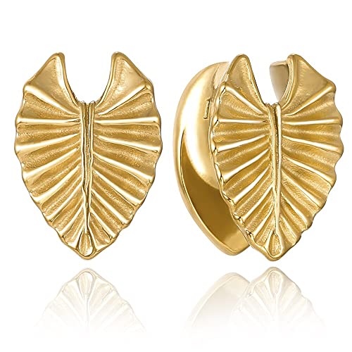 Earblity 2Pcs 10Mm/00G Gold Novelty Leaf Saddle Hanger Gauges Plugs For Stretched Ears, Hypoallergenic 316 Stainless Steel Ear Tunnels Gauges Body Piercing Jewelry For Men Women #TOP11