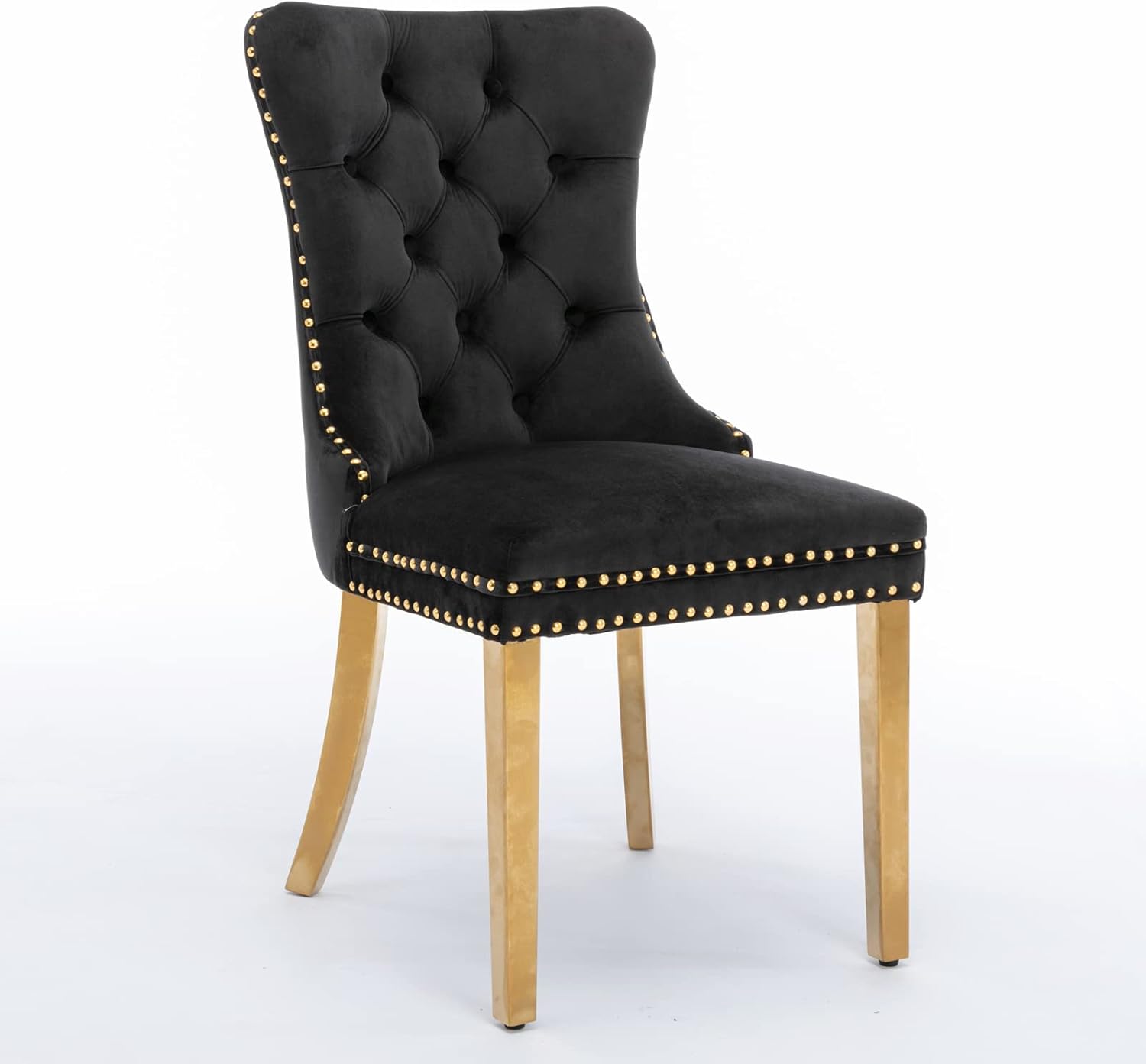 Solid Wood Velvet Upholstered Dining Chair with Golden Stainless Steel Plating Legs,Contemporary Design W/Nailhead Trim,Set of 2,for Living Room,Apartment,Black and Gold