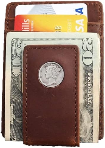 US 1943 Mercury Dime 90% Silver 10 Cent Coin Magnetic Money Clip and Wallet Combo New - Crazy Horse Water Buffalo Leather