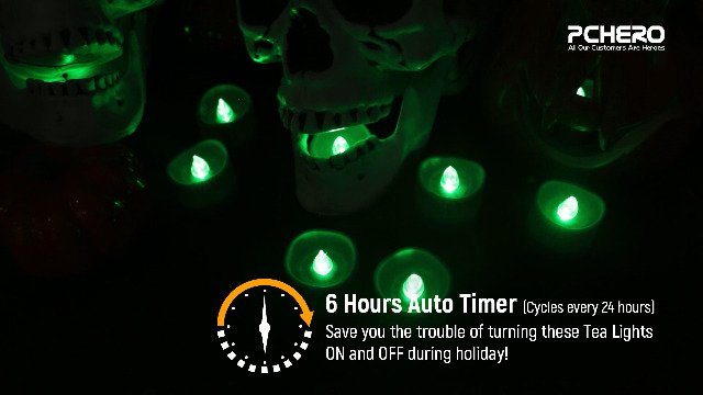 Image of PChero 12pcs Green LED Tea Lights with Timer, Flickering Flameless Tealights Battery Operated Long Lasting Fake Candles for Wedding, Party, Christmas, Halloween and Festival Celebration