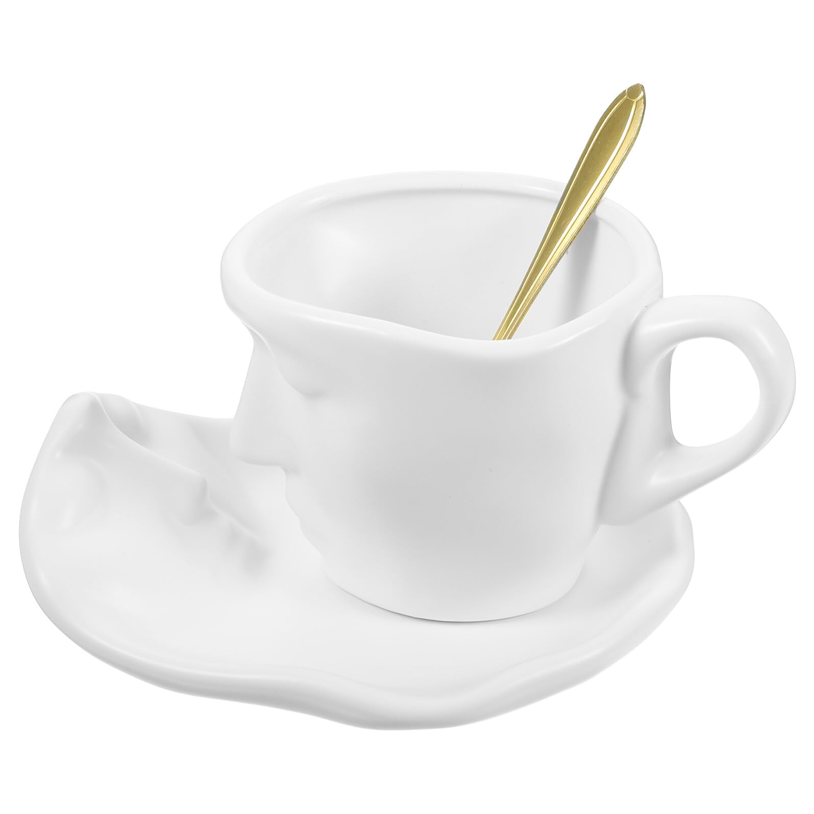 BESPORTBLE Keramik Kussbecher Satz mit Untertasse Mattweiß Porträt Reliefdesign Mittelgroß Kratzfest und Hitzebeständig für Kaffee und Tee Zuhause und Büro