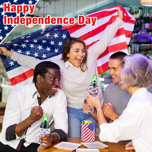 Image of Tioncy 24 Pcs 4th of July Slim Can Sleeves Independence Day Can Cooler Patriotic Skinny Insulators American Flag Neoprene Insulated Slim Cooler for 12 oz Beverage Bottle(Flag Style,5.12 x 3.94 Inches)