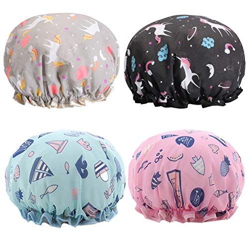 4 Packs Cute Shower Caps with Double Layers Bath Cap for Women Long Hair and Thick Hair
