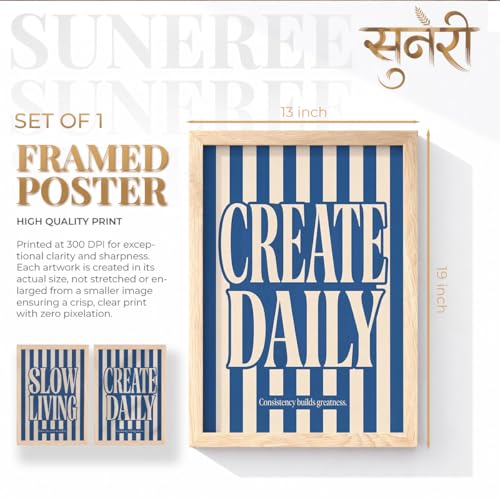 Image of Suneree Slow Living Create Daily Wall Art Set of 2 Framed Paintings | Blue Striped Typography Motivational Poster | Office Bedroom Home Decor (Art 6, 10x13 Inches)