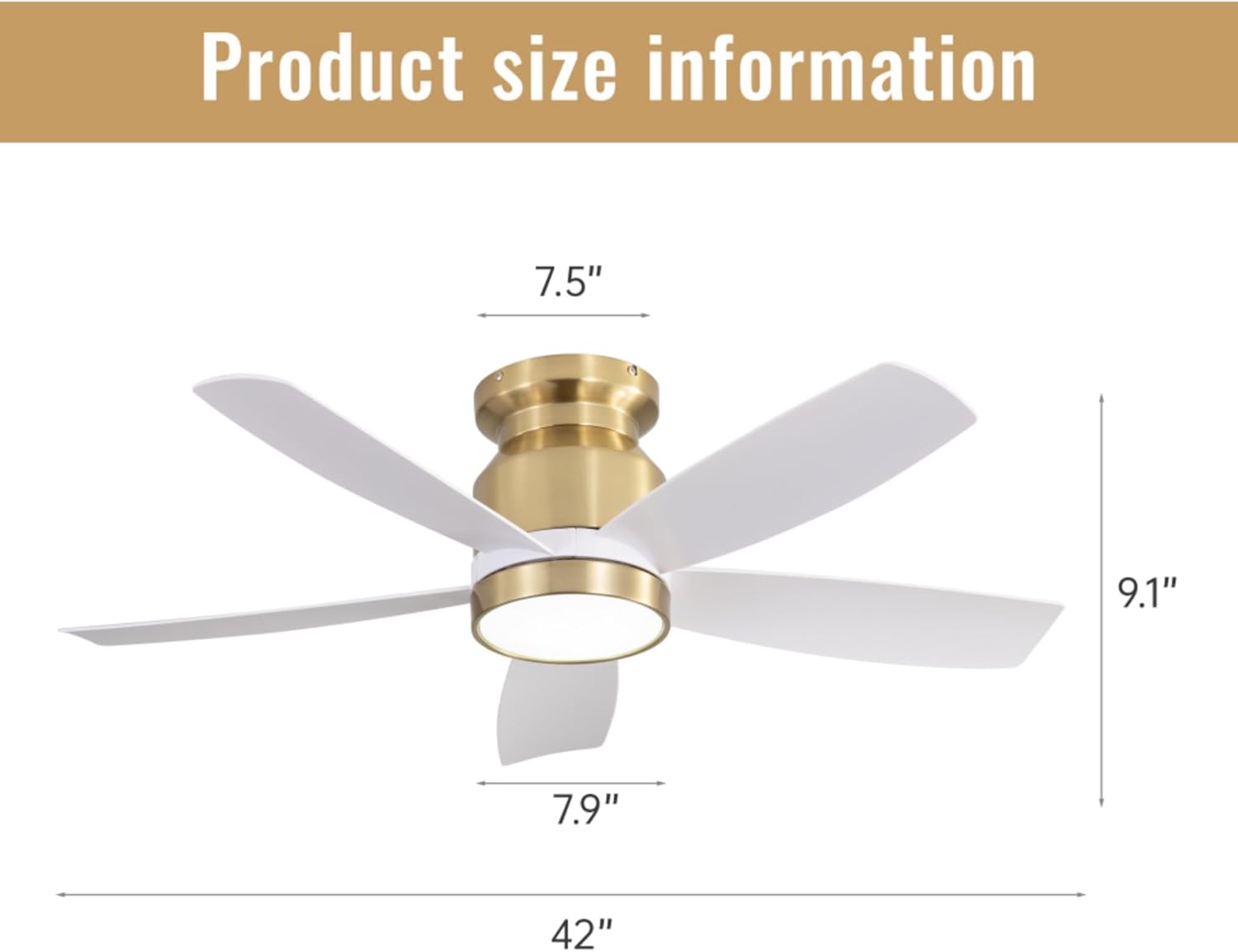42 Inch Flush Mount Ceiling Fan with 18W LED Light, Remote Control, 5 ABS Blades, Dimmable Lighting with 3 Light Modes, Reversible Quiet DC Motor, Timer, for Bedroom, Living Room, Dining Room