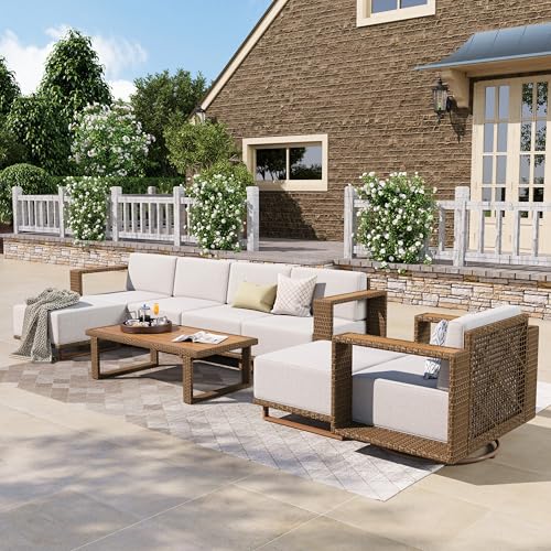 Image of HERA'S HOUSE Patio Sectional Furniture Set with Swivel Chairs, Modular Outdoor Conversation Set with 10 inch Thick Cushion, 7 Seats Low Profile Yellow Rattan Wicker Sofa for Deck Yard Lawn