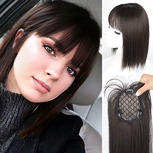 DeeThens Straight Hair Toppers Clip In Crown Toppers With 3D Air Bangs Hair Synthetic Long Straight For Women Straight Hair Bangs Toupee Middle Part 14 Inches