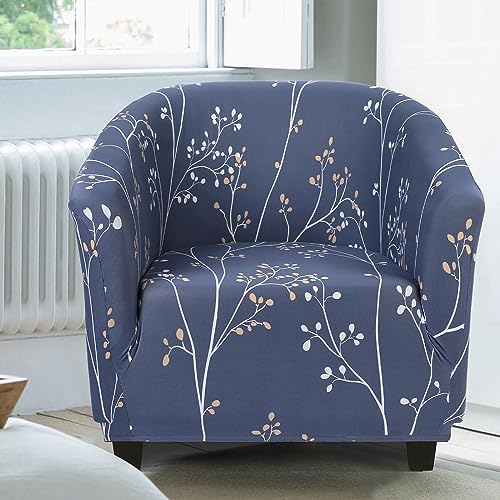 Image of SearchI Club Chair Slipcover Stretch Barrel Chair Covers Printed Tub Chair Slipcovers Spandex Armchair Sofa Cover Removable Couch Furniture Protector Arm Chair Cover for Living Room(Grey Blue+Leaves)