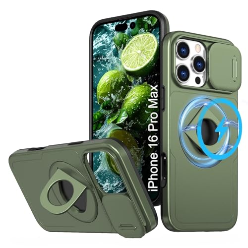 Image of LuxuryKase MagSafe Shockproof Rugged Back Case for iPhone 16 Pro Max | Finger Ring Kickstand & Sliding Camera Cover | Military Drop Protection | Wireless Charging Support - Green