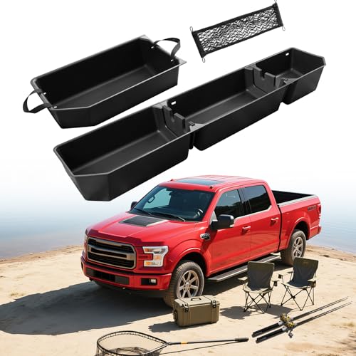 DiffCar Truck Underseat Storage for Ford F150: 2015-2026 SuperCrew/Crew Cab Rear Under Seat Organizer Tool Box Car Accessories for Ford F-150 F250 F350 F450 F550 Super Duty(w/Detach Bin & Mesh Net)