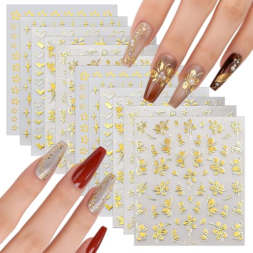 VVQWCY 12 pegatinas para uñas doradas, diseño de estrellas, mariposas y corazones, tatuajes para uñas