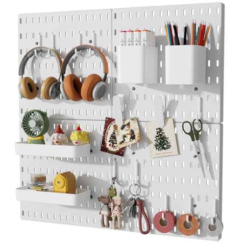 Artressel Pegboard Wall Organizer Kit, 4 Pcs Plastic Peg Boards with Hooks & Accessories, Wall-Mounted Pegboard Kit for Home Office Storage, Bedroom, Craft Room(22″×22″)