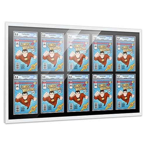 Comic Book Frame Wall Display with Mat for 10 CGC, CBCS OR PGX Graded Comics - White Comic Frame for 8.125x13 Comics