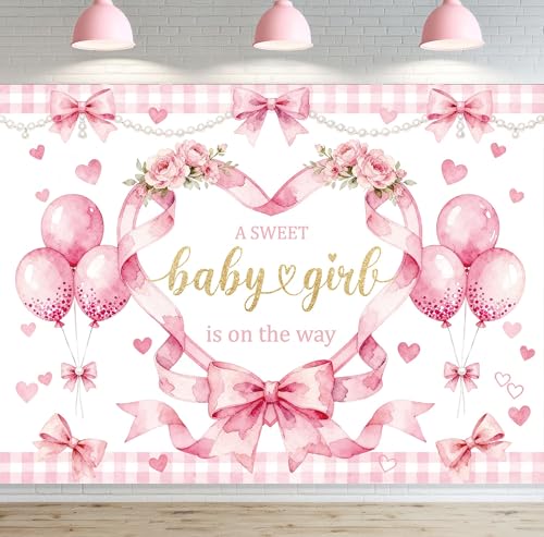 Pink Bow Baby Shower Backdrop Coquette Bow Pearls Floral Party Decorations