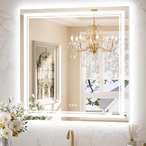 Keonjinn LED Bathroom Mirror with Lights, 36" x 36" Frontlit and Backlight, Stepless 3 Colors Temperature & Dimmable Wall Mirror, UL Listed LED Driver, Double LED Strips Tempered Glass Lighted Mirror by Keonjinn - Used condition - US$171.58