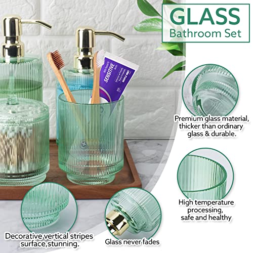 Bathroom Accessory Set,5 Pcs Modern Premium Glass Bath Accessories,Set Of 2 Lotion Soap Dispenser,Toothbrush Holder,Qtip Holder & Acacia Wooden Tray,Gift For Home Decor & Countertop Organizer,Green #TOP1