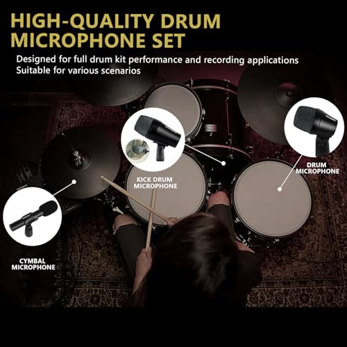 Image of 7 Piece Drum Mic Kit with Carrying Case, Full Metal Wired Dynamic Drum Mics Set for Kick Bass, Tom, Snare, Hi-hat Cymbals and Musical Instrument Drum Microphone with Holders, Threaded Clips
