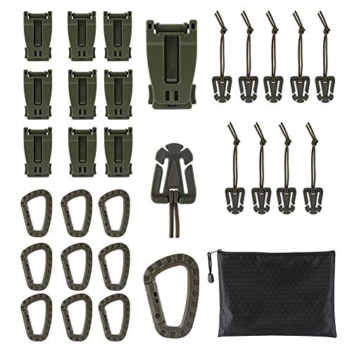 Aesy 30 Piezas de Correa de Clip de Engranaje Táctico para Molle Mochila Correas de Accesorios D Anillo Gancho Chaleco Táctico Cinturón (Verde)