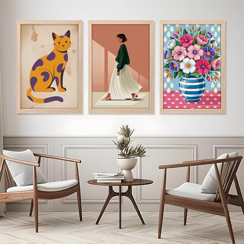 Image of NoWorries Modern Cat Illustration Wall Art Framed Painting Set of 3 | Minimalist Woman Portrait Prints with Frame | Colorful Floral Vase Artwork | Boho Scandinavian Home Decor Wall Frames for Living Room, Bedroom and Office Wall Gallery (Ready to Hang) (Art-11, 10x13inch, Wooden)