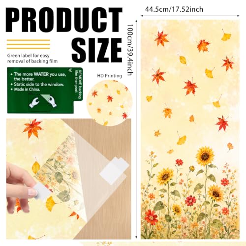 Image of Nuxovilar Fall Window Cling 17.7 x 39.4 in, White Frosted Sunflower | White frosted PVC helps obscure views for privacy, with sunflowers, wildflowers, maple and ginkgo leaves in soft fall colors
