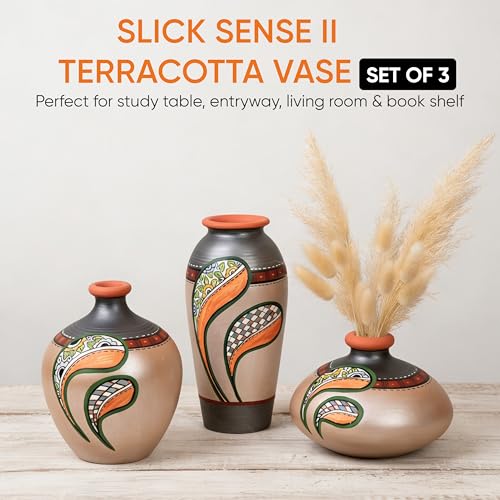 Image of Aakriti Art Creations Terracotta Vases Set of 3 | Handmade Silver Floral Art Flower Vases (6x3 /3x4.5 /4.6x3.6 Inch Dia) | Matte Finish Decorative Vases for Home Decor & Gifting