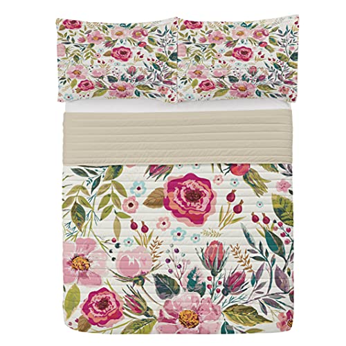 Lunarable Floral Microfiber Bedspread Set, Shabby Form Flowers Roses Petals Dots Leaves Buds Spring Season Theme Image Art, Soft Bedding Set With Pillow Shams & Comforter, Queen Size, Pink Multicolor #TOP19