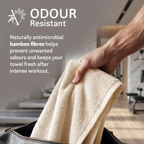 Image of MYTRIDENT Cotton Bamboo Gym Towel for Men Workout & Women Workout | 450 GSM | Perfect Size for Gym - 45 Cms x 90 Cms | Quick-Dry | Extra Absorbent | Lightweight | Suitable for All Sports | Beige
