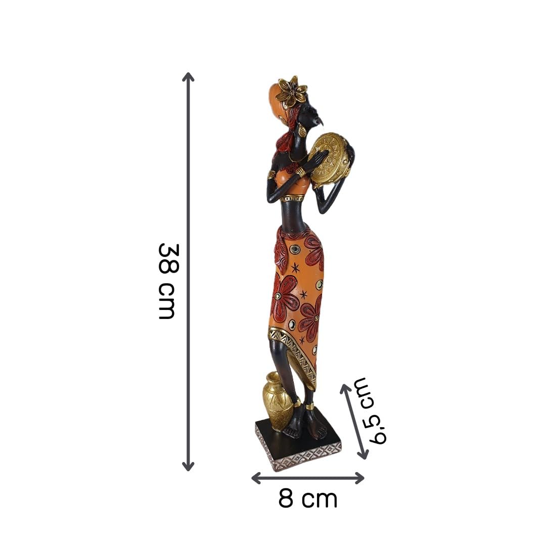 Afrykańska figurka dekoracyjna kobiety z bębnem w dłoni 38 cm, afrykańska dekoracja, figurka damska