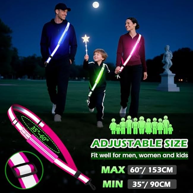 LED Reflective Belt Sash, Rechargeable LED Light Night Safety Walking Gear, High Visibility Adjustable Reflective Gear for Runners Walkers Cyclists at Night (Pink)