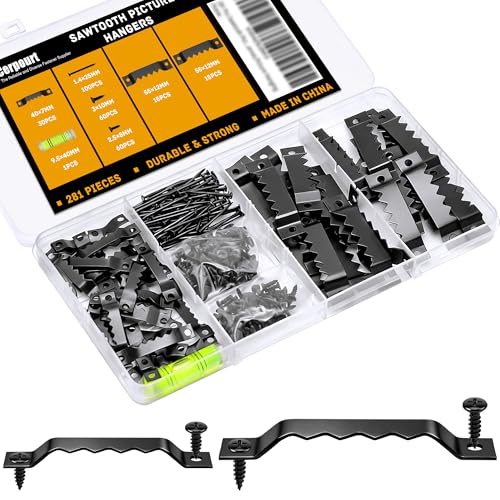 281 Pcs Sawtooth Picture Hangers Small & Heavy-Duty Wall Hanging Kit Include 60 Sawtooth Picture Frame Hangers 120 Screws and 100 Nails Level 2 Sizes for Photo Frame Hooks Art Canvas Picture Hanging