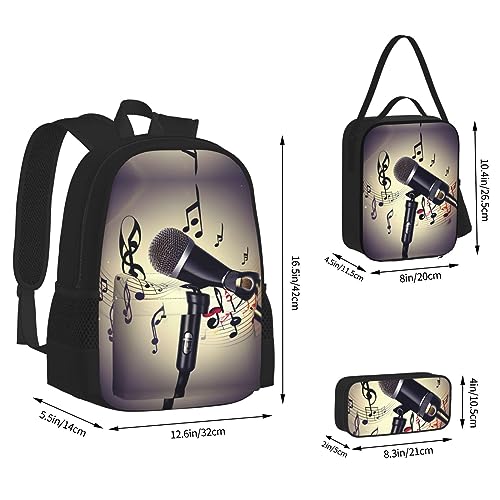 3-In-1 Backpack Bookbag Set,Microphone With Music Note Print Casual Travel Backpacks,With Pencil Case Pouch, Lunch Bag3