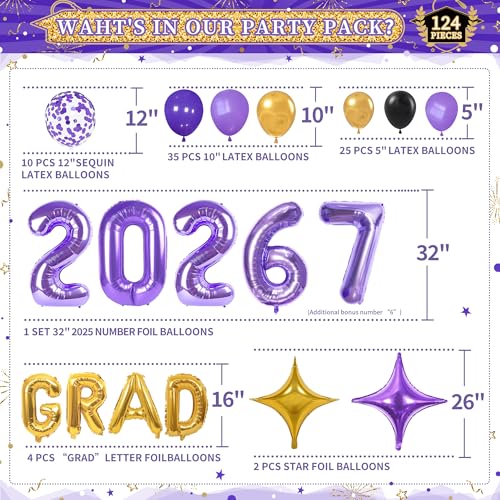 Image of Party Spot！2026 Purple and Gold Graduation Party Decorations,124 PCS Graduation Decorations Class of 2026,4 PCS Balloons Boxes with LED Light String & Letters 2026 GRAD So Proud of You