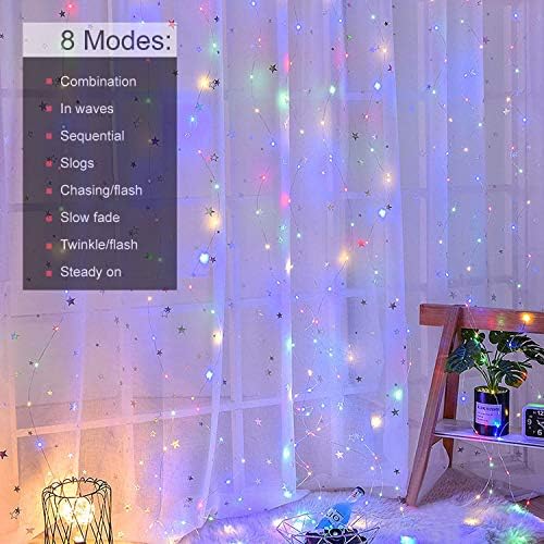 GaHeslop Curtain Lights with Remote and Hooks, 3m x 3m USB Operated Window Fairy Twinkle Lights, 8 Modes, Timer, 300 LED Copper Light, Waterproof String Lights for Xmas, Bedroom, Party(Multi-coloured)