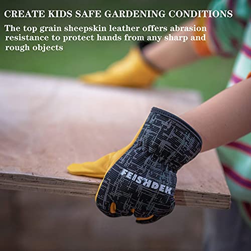 Feishdek Kids Genuine Leather Work Gloves, Kids Gardening Work Gloves, Safety Gloves, Reflective, Breathable Design, Perfect For Children Gardening, Yard Work, Outdoor (Medium, Black, 4-6 Years Old) #TOP6