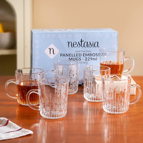 Image of Nestasia Set of 6 Transparent Glass Tea Cups (230ml Each) - Stripped Textured Durable & Chip-Resistant Coffee Mugs | Perfect for Coffee, Tea, Hot & Cold Beverages