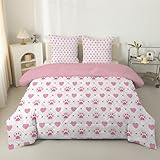 Herz Bettdecke 135x200 4 Jahreszeiten, Tierpfotenabdrücke Steppdecke 135x200, Warme Ganzjahresdecke Rosa Bettdecke ohne Bezug Waschbar Schlafdecke mit 2 Kissenbezug 80x80cm, D16